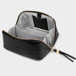 Fold-Out Faux Croc Mirror Make Up Bag | Black