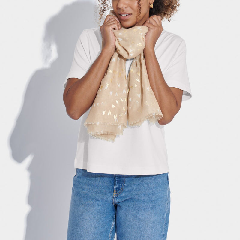 Scattered Heart Foil Print Scarf | Soft Tan & Gold