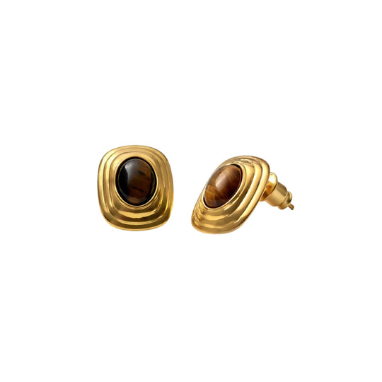 Tiger's Eye Button Stud Earrings | Gold Coated