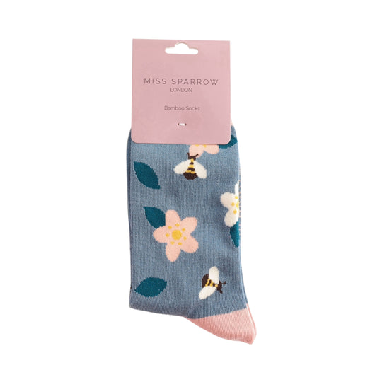 Bamboo Socks | Bees & Flowers | Denim Blue