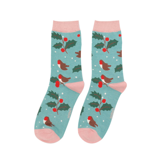 Women's Festive Robin & Holly Socks | Bamboo | Duck Egg Blue