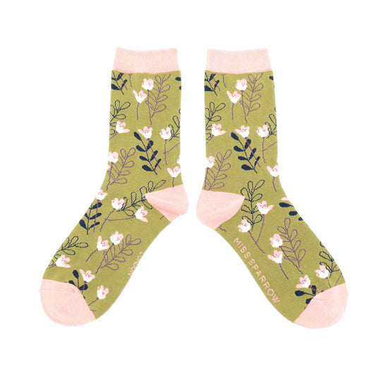 Women's Wild Floral Socks | Bamboo | Moss Green