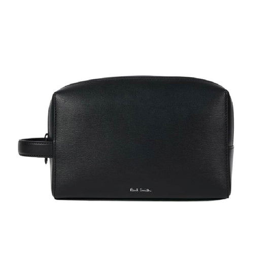 Men's Embossed Straw Grain Leather Wash Bag | Black