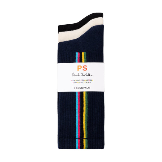 Men's 'Sports Stripe' Socks | Navy/Ecru/Black | Set of 3