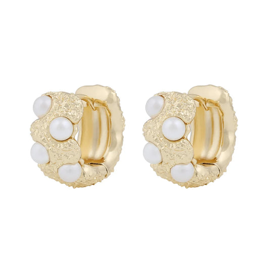 Gisele Textured Chunky Hoop Earrings with Pearls | Gold Plated