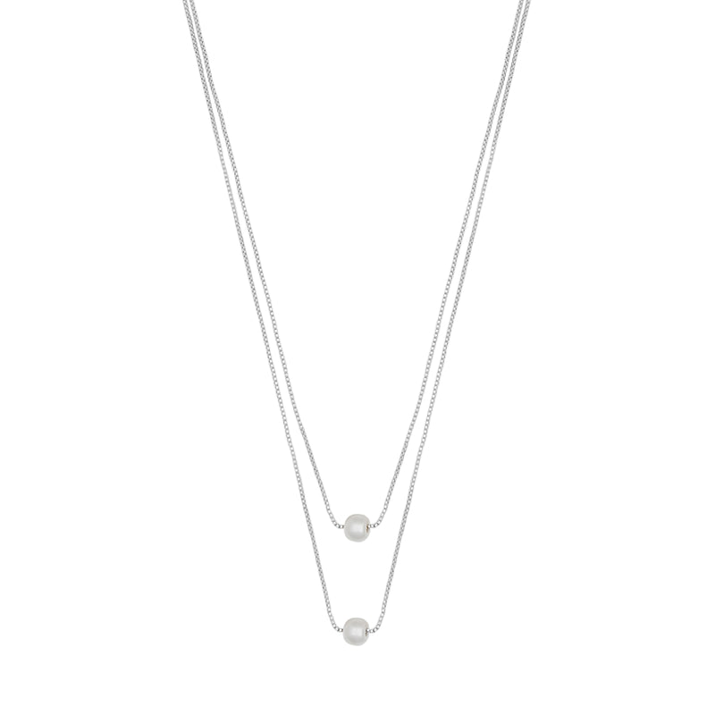 Karan Pearl Pendant Double Chain Necklace | Silver Plated | 42cm