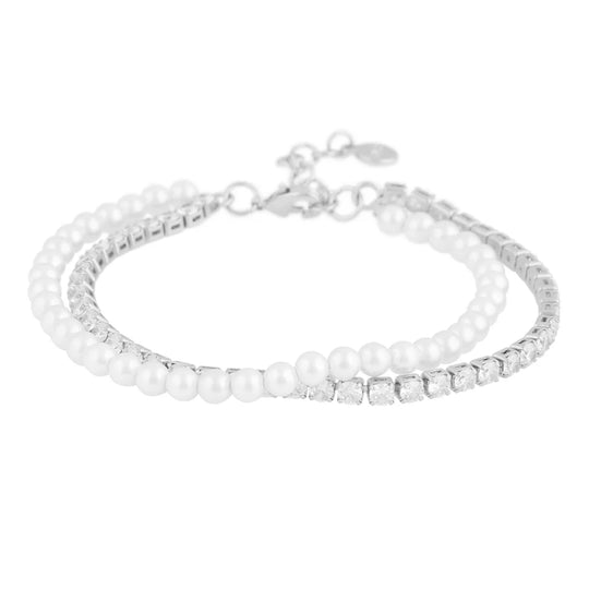 Lucy Double Bracelet | Silver Plated with Glass Pearls