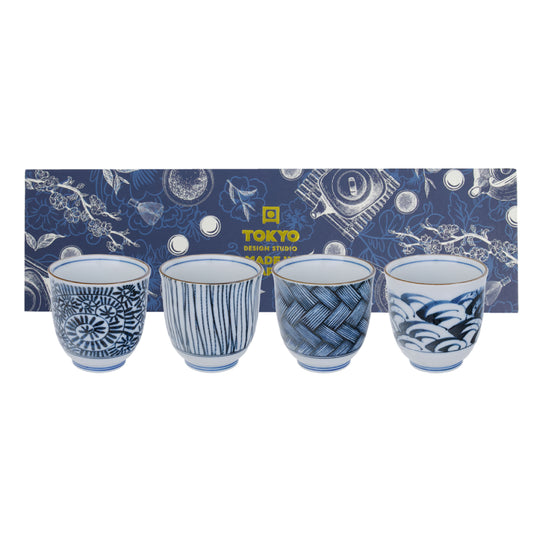 Geometric Teacup Set | Blue & White | 4 Piece