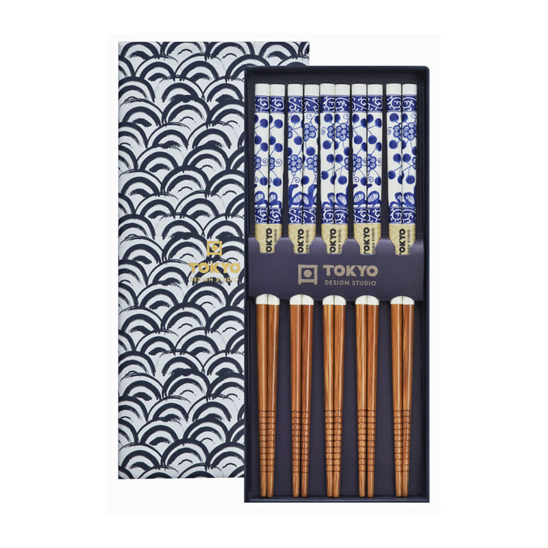 Waved Round Chopstick Set | Blue & White | 5 Piece