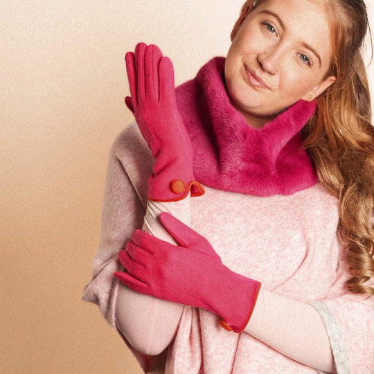 Women's Winter Gloves with Button Detail | Pink