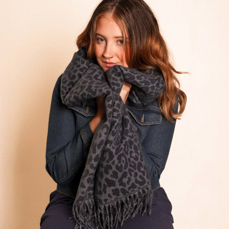 Women's Winter Leopard Print Scarf | Navy