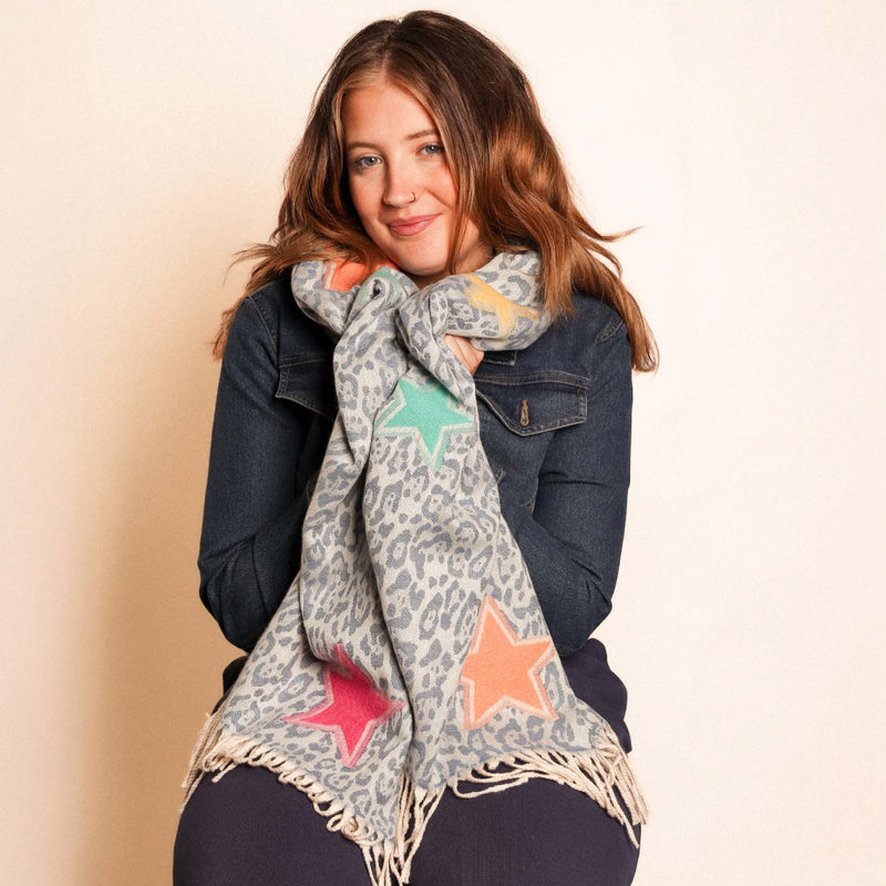 Women's Winter Leopard Print Scarf with Stars | Blue