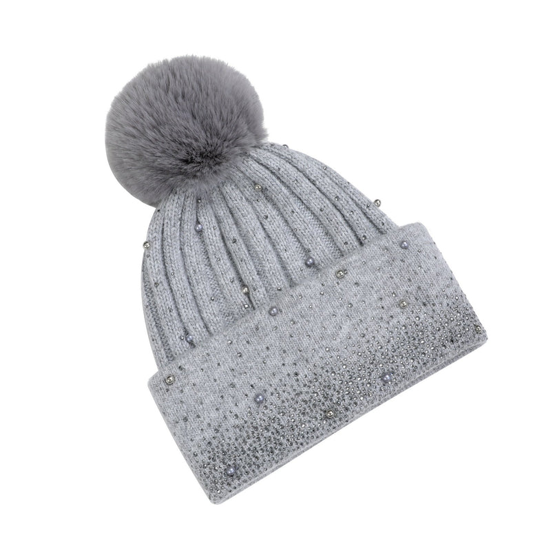 Faux Fur Pom Pom Hat with Rhinestones | Dove Grey