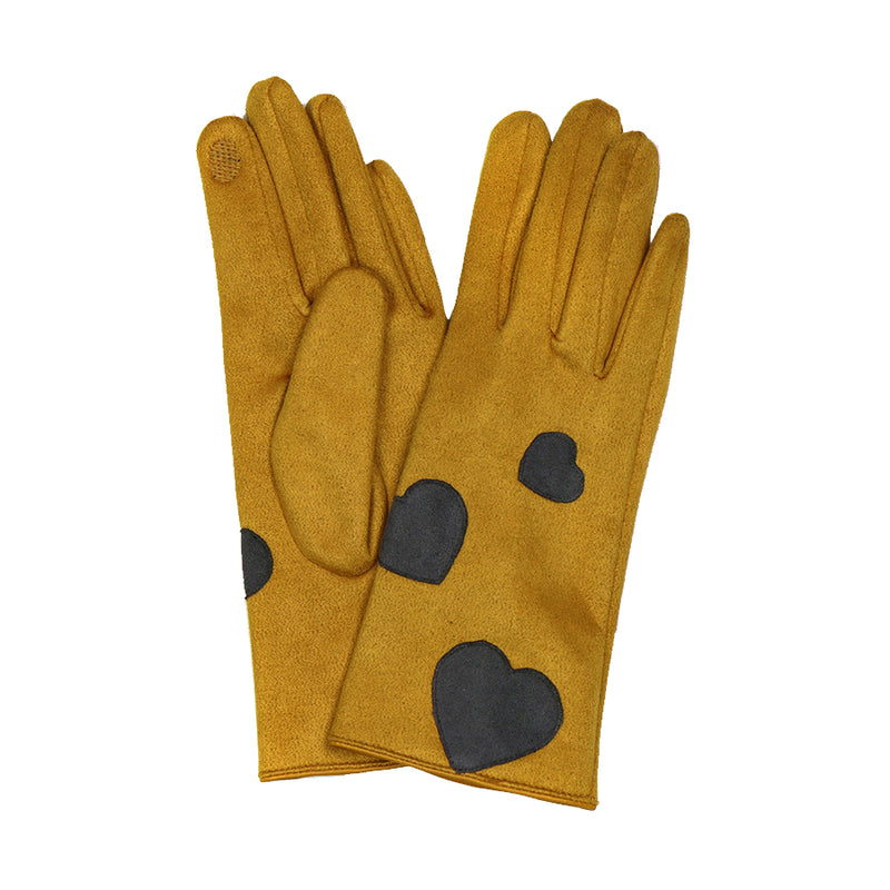 Faux Suede Heart Print Gloves | Mustard Grey