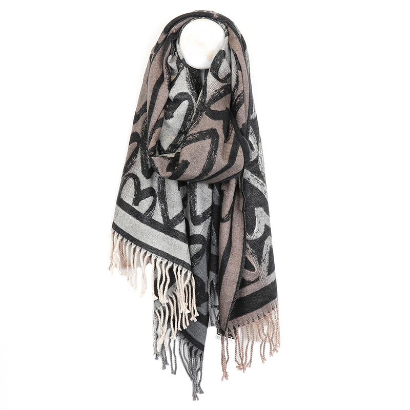 Reversible Sketched Heart Print Scarf | Monochrome