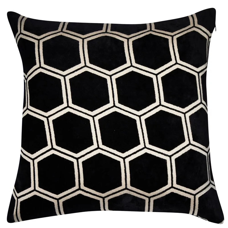 Hexagonal Cut Velvet Ivor Cushion | Black | 56x56cm