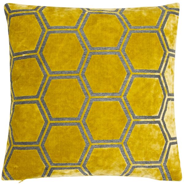 Hexagonal Cut Velvet Ivor Cushion | Mustard | 56x56cm