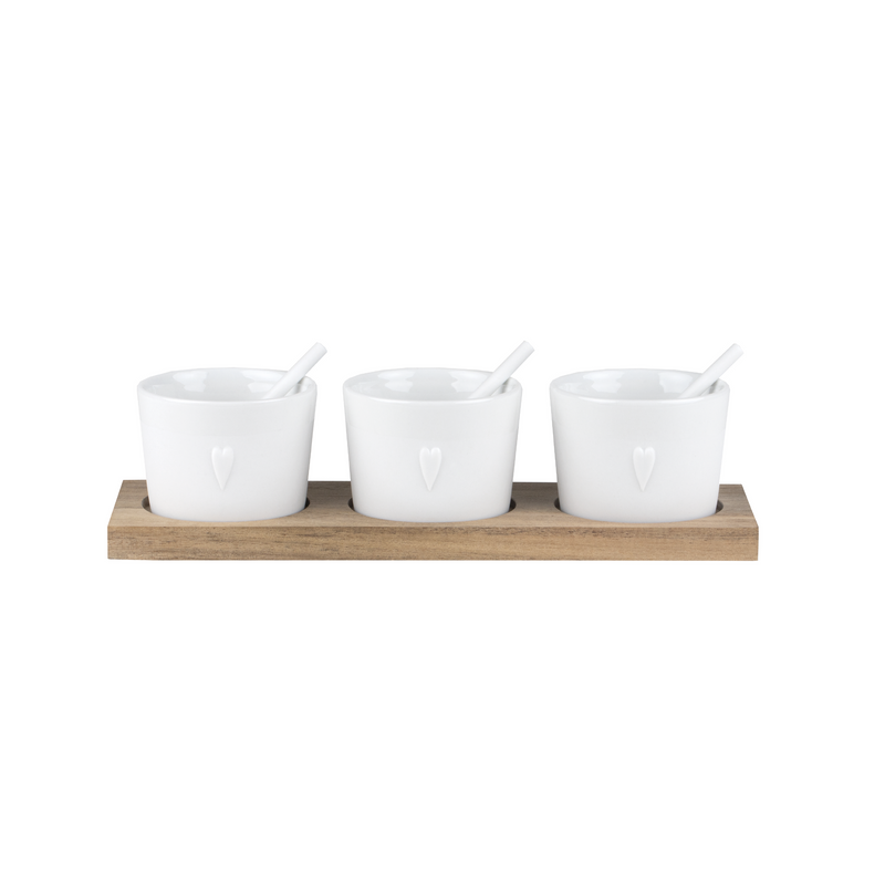 Heart Embossed Dip Bowls with Wooden Base | Bon Appetit Collection | Set of 3