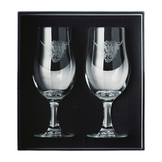 Craft Beer Glasses | Engraved Highland Cow | Set of 2