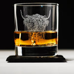Glass Tumbler with Slate Coaster | Engraved Highland Cow