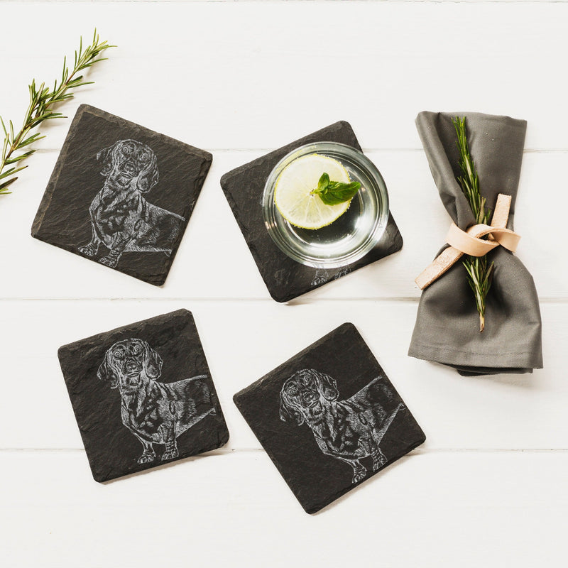Square Coasters | Etched Dachshund | Set of 4